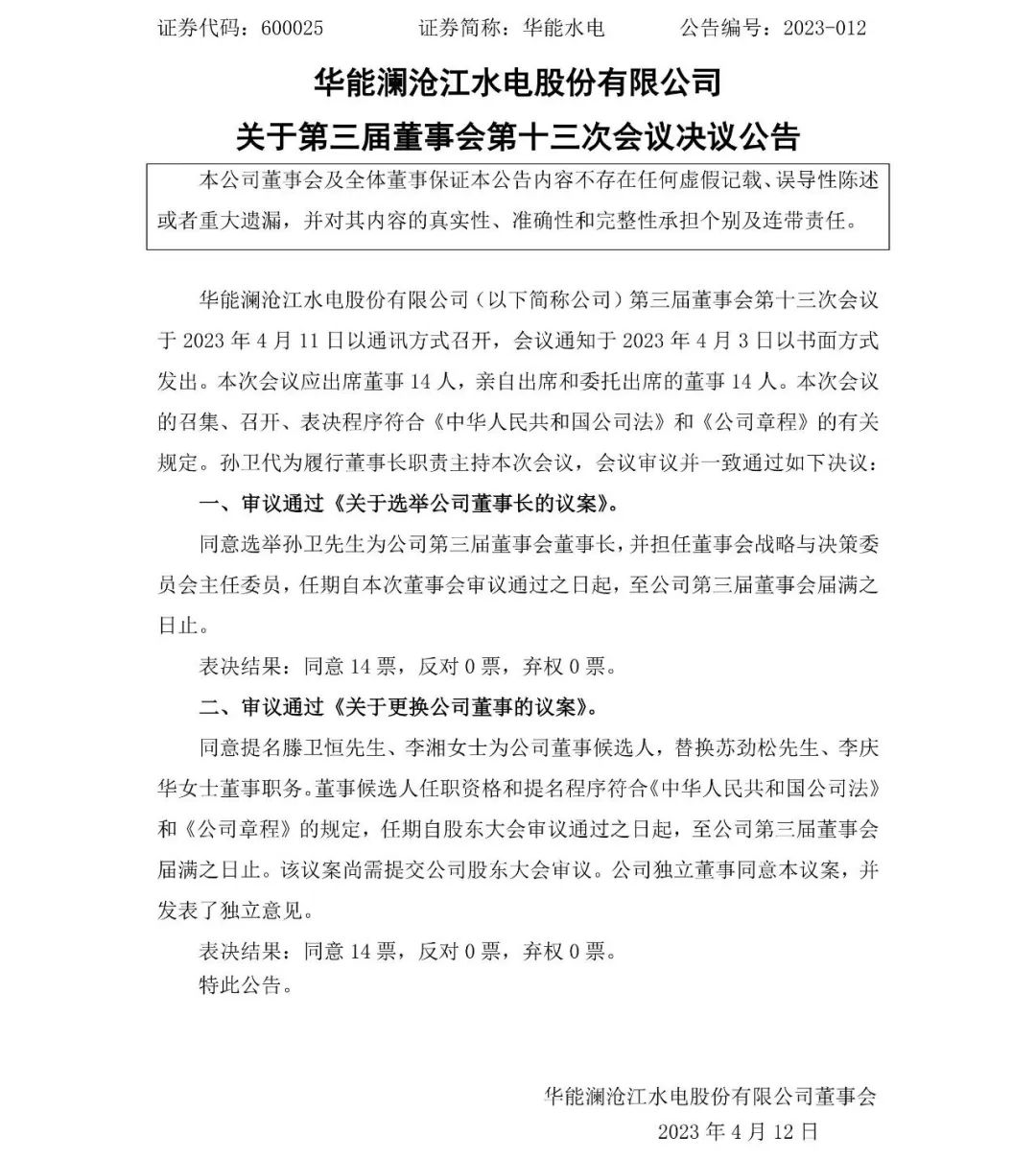 孫衛任華能水電董事長